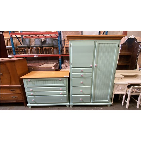 2 PCS. MINT GREEN WITH NATURAL TOP BEDROOM SET - 4 DRAWER ARMOIRE DRESSER AND 3 DRAWER DRESSER