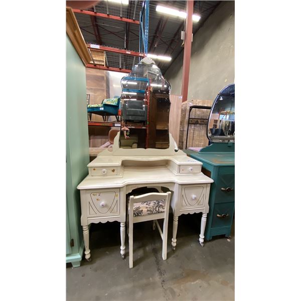 ANTIQUE WHITE VANITY DRESSER WITH STOOL