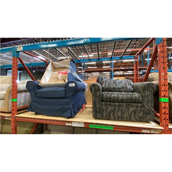 BLUE IKEA CHAIR WITH OTTOMAN AND MULTI-COLOURED LIVING ROOM CHAIR