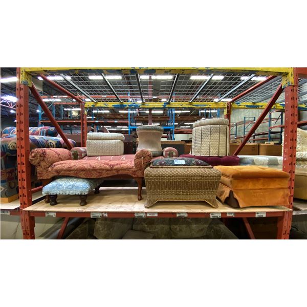 LARGE GROUP OF ASSORTED UPHOLSTERED BENCH SEATS AND FOOTSTOOLS