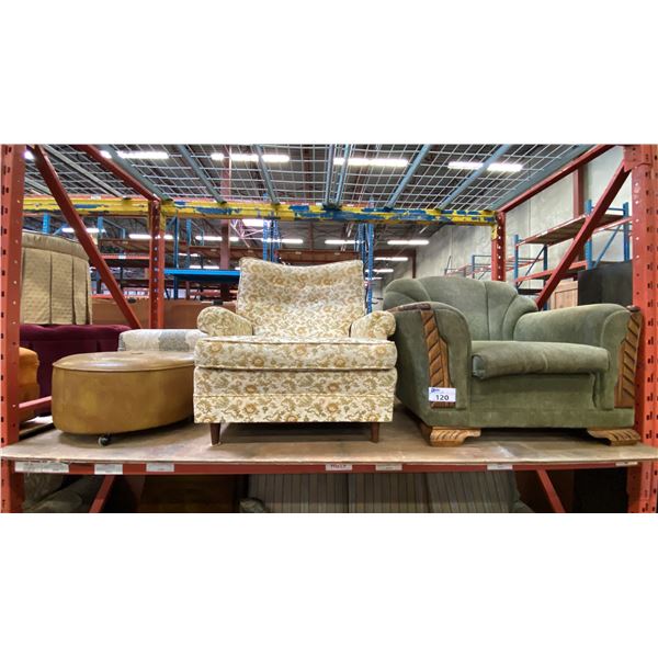 2 UPHOLSTERED LIVING ROOM CHAIRS AND 2 FOOTSTOOLS