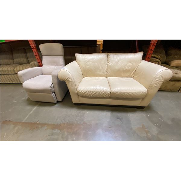 BEIGE LEATHER LOVESEAT AND GREY FABRIC UPHOLSTERED ARM CHAIR