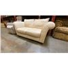 Image 2 : BEIGE LEATHER LOVESEAT AND GREY FABRIC UPHOLSTERED ARM CHAIR