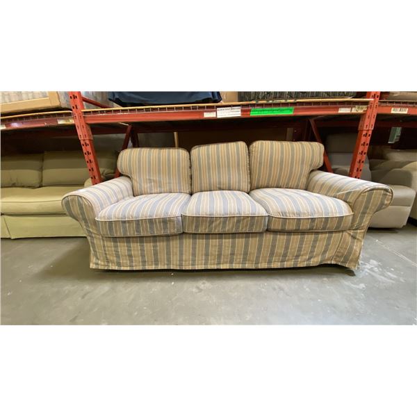 FABRIC UPHOLSTERED BEIGE WITH PIN STRIP PATTERN LIVING ROOM SOFA