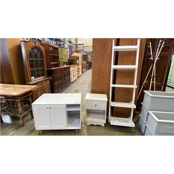 GROUP OF 3 HOME DECOR PIECES - WALL SHELF, SMALL CABINET AND  SINGLE DRAWER NIGHT STAND