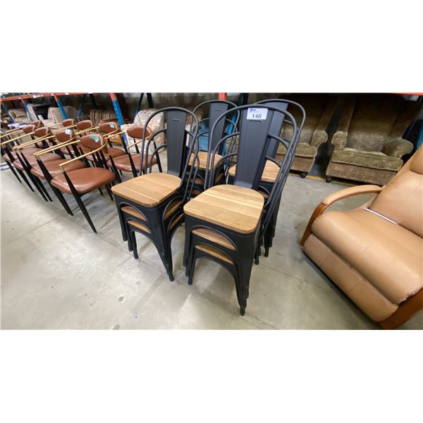 GROUP OF 12 STACKING DINING/SIDE CHAIRS - BLACK METAL WITH WOODEN SEATS