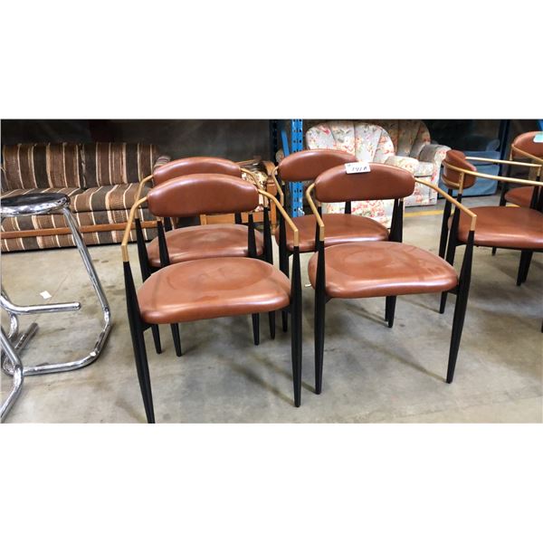 GROUP OF 4 CONTEMPORARY MODERN DINING/SIDE CHAIRS - BLACK & GOLD METAL WITH TAN LEATHER
