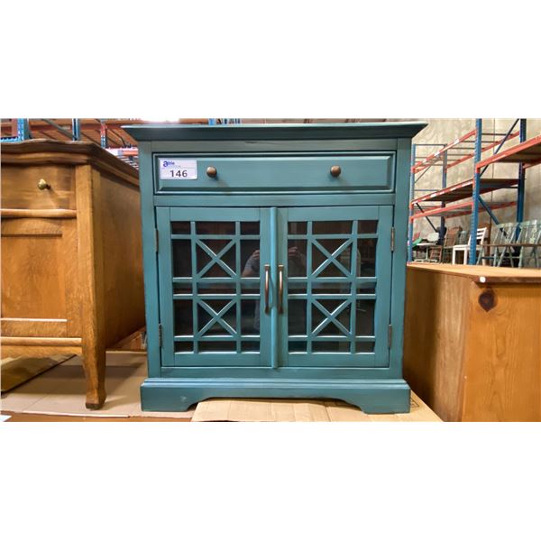 CONTEMPORARY GLASS FRONT 2 DOOR/1 DRAWER TEAL FINISH CABINET