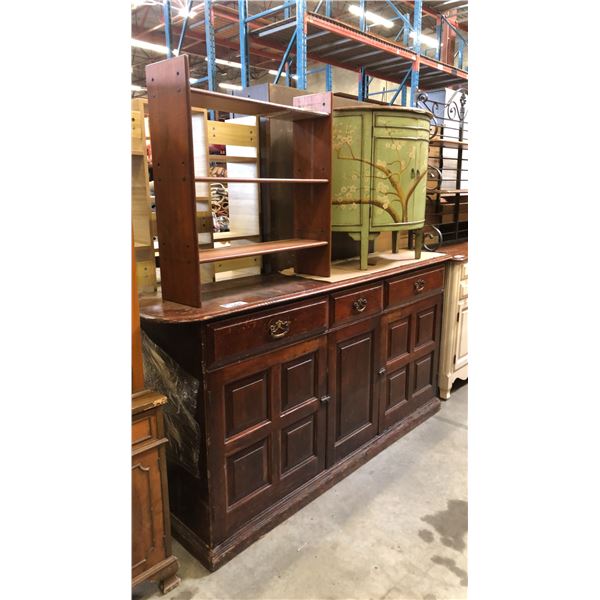 ANTIQUE 2 DOOR/3 DRAWER SIDEBOARD BUFFET, PAINTED FLORAL D-CABINET AND SMALL BOOKSHELF