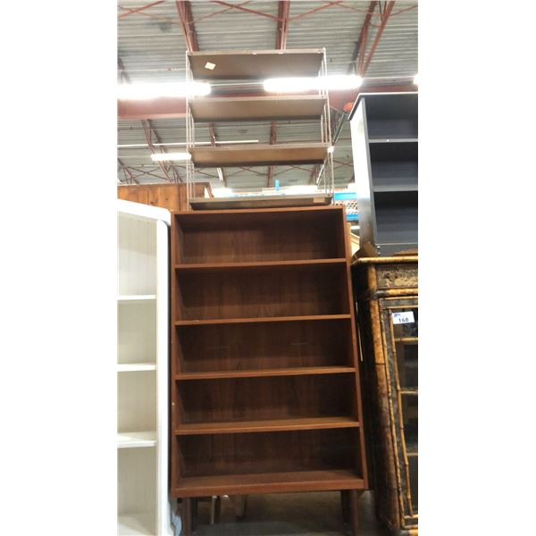 MID CENTURY MODERN TEAK BOOKSHELF AND VINTAGE METAL 4 TIER BOOKSHELF