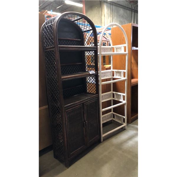 2 RATTAN SHELF UNITS (WHITE ONE MISSING GLASS SHELVES)