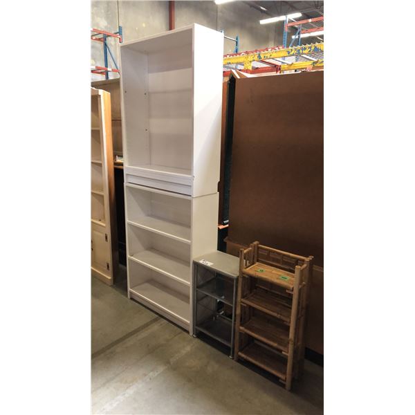 2 WHITE BOOK SHELVES, SMALL GREY SIDE TABLE AND SMALL BAMBOO DISPLAY SHELF