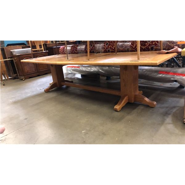 OAK DOUBLE PEDESTAL LARGE DINING TABLE WITH 2 LEAVES - APPROX. 120"  FULL LENGTH