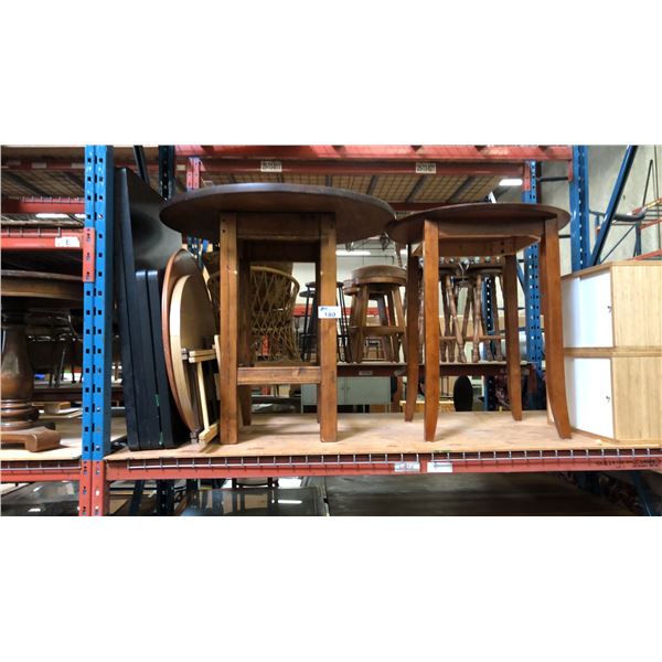 2 ROUND WOODEN BAR TABLES, 2 BAMBOO WALL MOUNT CABINETS AND GROUP OF ASSORTED TABLE TOPS