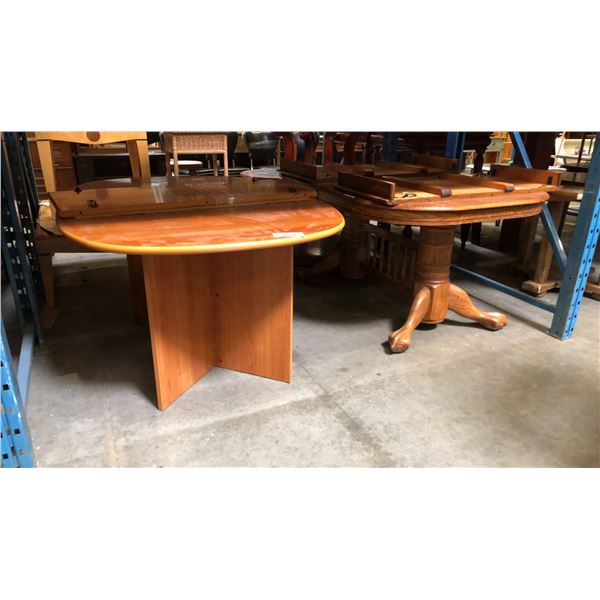2 DINING TABLES - DOUBLE PEDESTAL OAK WITH 2 LEAVES AND CONTEMPORARY MAPLE FINISH WITH ONE LEAF