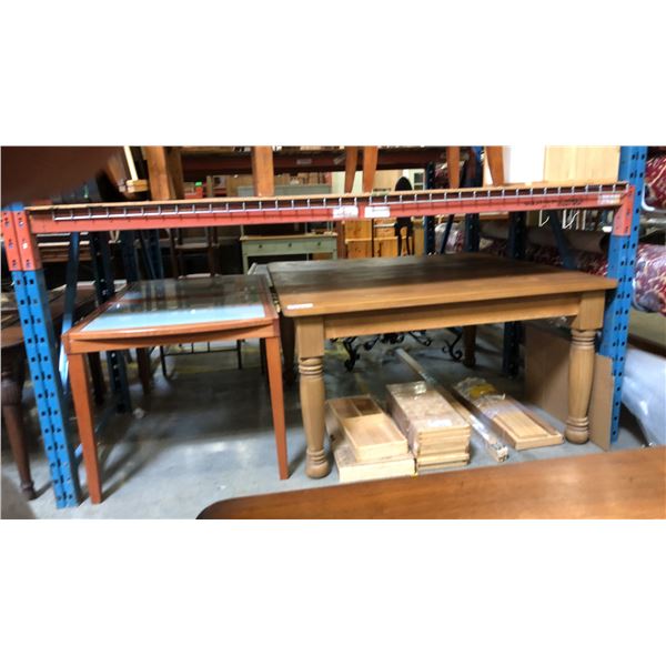 2 DINING TABLES - LARGE SQUARE SOLID PINE TABLE & MAPLE FINISH CONTEMPORARY GLASS TOP INSERT TABLE