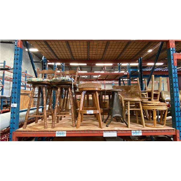 LARGE GROUP OF ASSORTED BAR STOOLS AND RATTAN CHAIR WITH FOOTSTOOL
