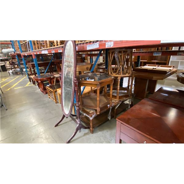 3 PCS. WOOD & RATTAN GLASS TOP COFFEE AND END TABLE SET, RATTAN SIDE TABLE AND MIRROR