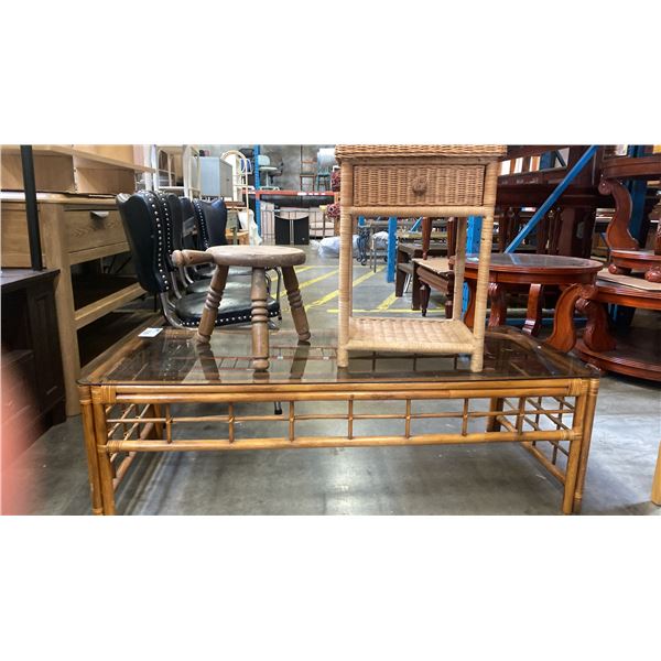 RATTAN GLASS TOP COFFEE TABLE, WICKER SINGLE DRAWER END TABLE AND VINTAGE MILKING STOOL