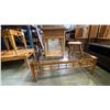 Image 4 : RATTAN GLASS TOP COFFEE TABLE, WICKER SINGLE DRAWER END TABLE AND VINTAGE MILKING STOOL