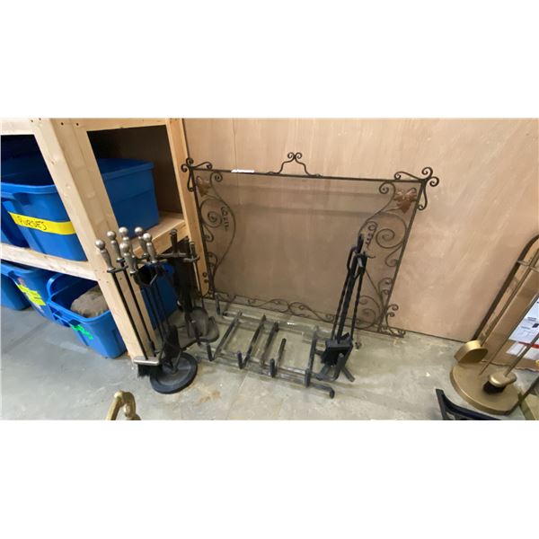 WROUGHT IRON FIRE SCREEN, LOG HOLDER AND 3 FIREPLACE COMPANION SETS