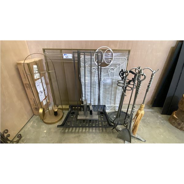 2 FIRE SCREENS, 1 LOG HOLDER , 4 COMPANION SETS AND 1 STAND