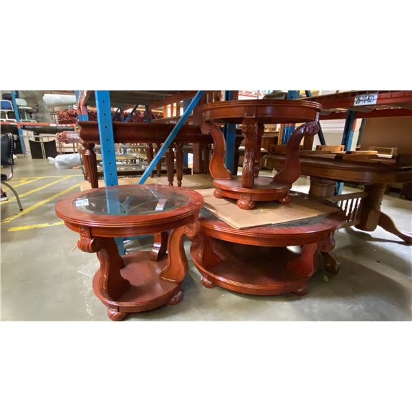 CHERRYWOOD FINISH ROUND 3 PCS. GLASS TOP COFFEE AND END TABLES SET