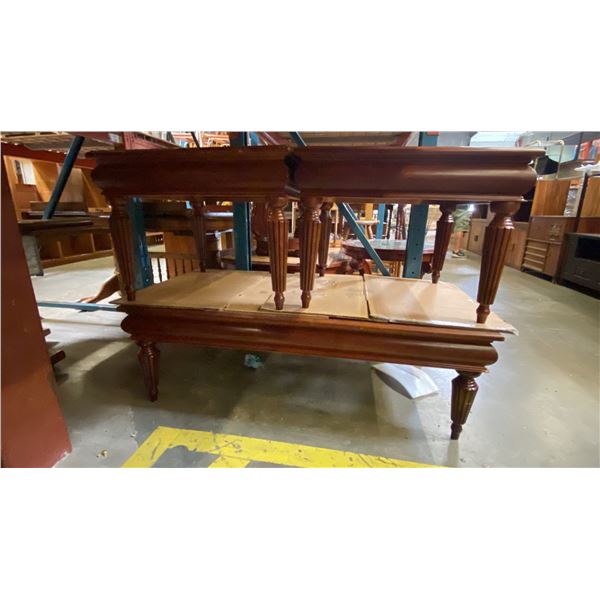 CHERRYWOOD FINISH 3 PCS. GLASS TOP COFFEE AND END TABLES SET