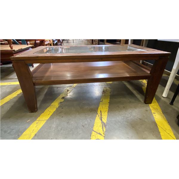 DARK MAHOGANY FINISH RECTANGULAR GLASS TOP COFFEE TABLE