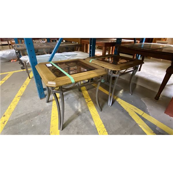 PAIR OF GLASS TOP END TABLES - METAL BASE WITH CRACKLE PAINTED FINISH
