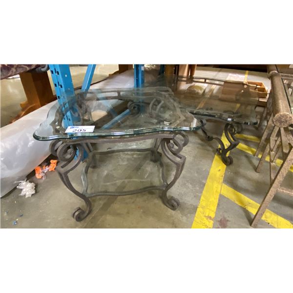 2 PCS. HEAVY IRON BASE WITH GLASS TOPS COFFEE AND END TABLE SET