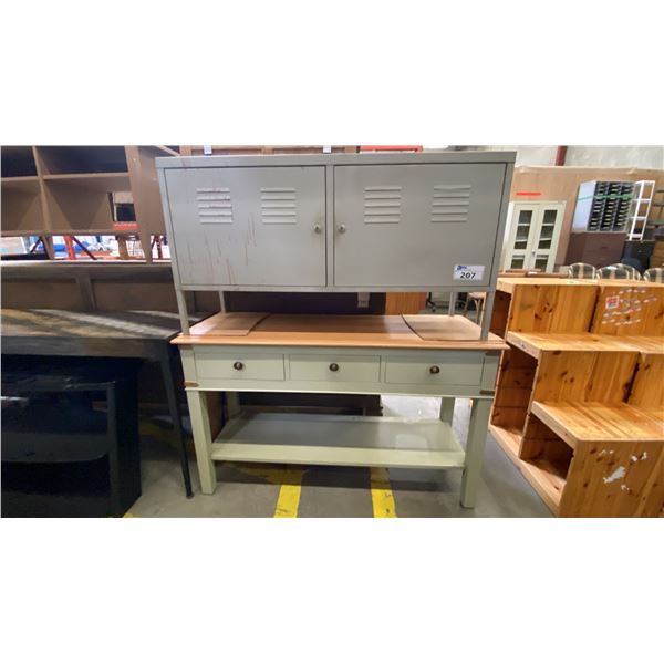 3 DRAWER OLIVE & NATURAL FINISH SOFA TABLE AND METAL 2 DOOR LOCKING CABINET