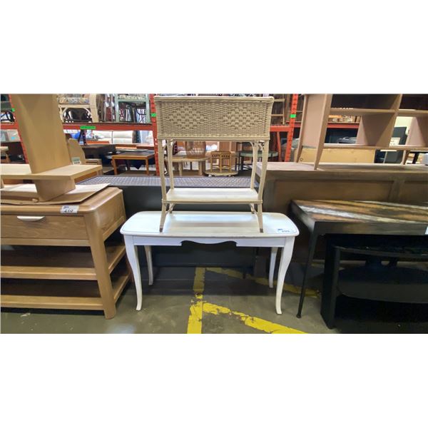 VINTAGE WICKER METAL LINED PLANTER STAND AND WHITE SOFA TABLE