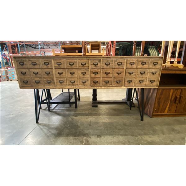 8 DRAWER CONTEMPORARY SOFA/HALL TABLE - SOLID WOOD WITH METAL LEGS AND PIGEON HOLE FILE DRAWER LOOK