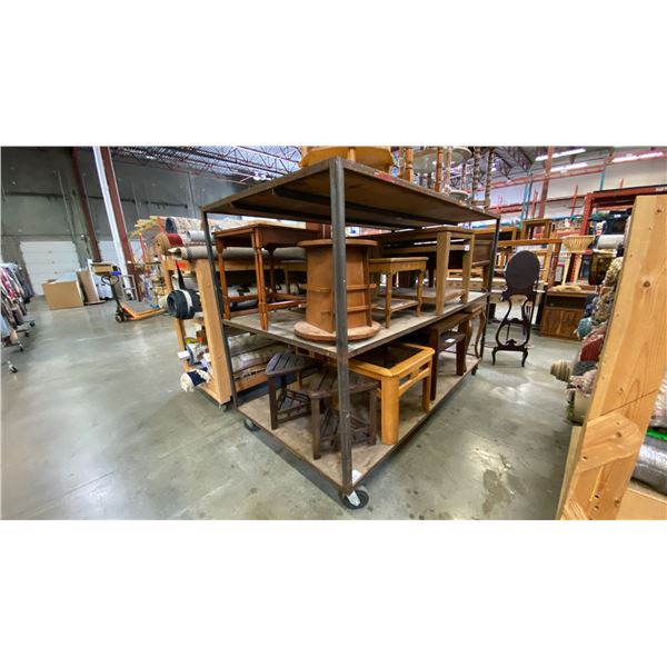 3 TIER METAL FRAMED WITH PLYWOOD SHELVES MOBILE STORAGE SHELF UNIT - APPROX.8FT X 4FT X 5 3/4FT HIGH