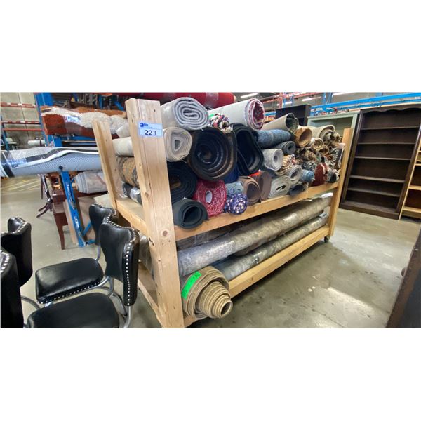 WOODEN MOBILE SHELF UNIT LOADED WITH ASSORTED AREA RUGS & RUNNERS - APPROX. 65 ASSORTED