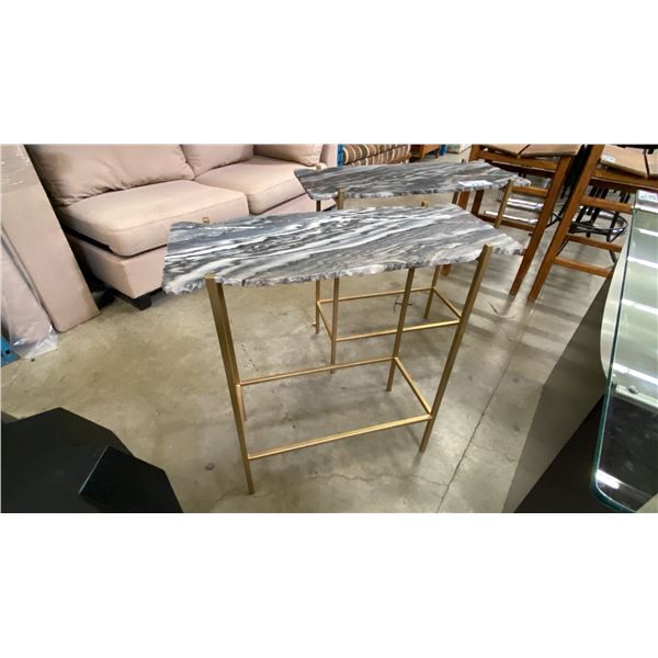PAIR OF HALL/SOFA TABLES - GREY GRANITE SLAB TOP WITH BRASS LOOK METAL BASES