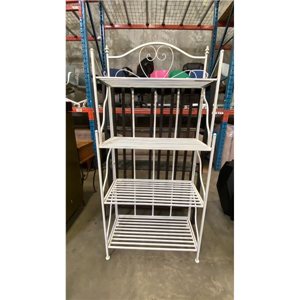 WHITE METAL 4 TIER SHELF UNIT AND PAINTED GREEN 4 TIER WOODEN SHELF UNIT