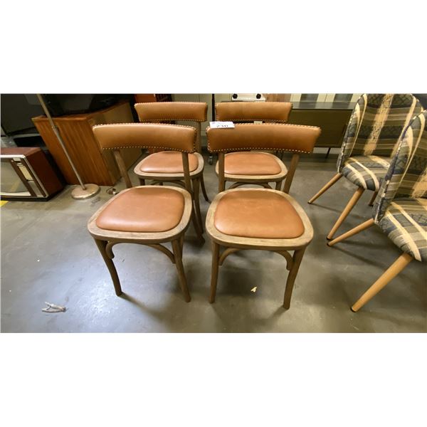 SET OF 4 CONTEMPORARY BENTWOOD DINING CHAIRS WITH TAN LEATHER UPHOLSTERED SEATS & BACKRESTS