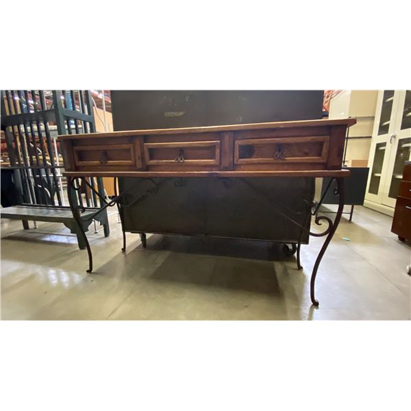 MEXICAN PINE WITH WROUGHT IRON BASE 3 DRAWER SOFA/HALL TABLE