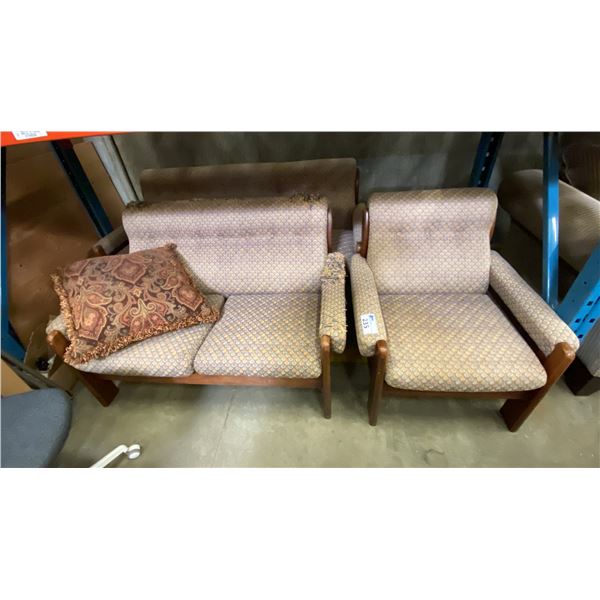 3 PCS. WOOD FRAMED SOFA SET * FABRIC ON LOVESEAT BADLY SCRATCHED UP*