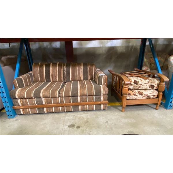 WOOD FRAMED VINTAGE LOVESEAT AND ANTIQUE OAK MORRIS CHAIR