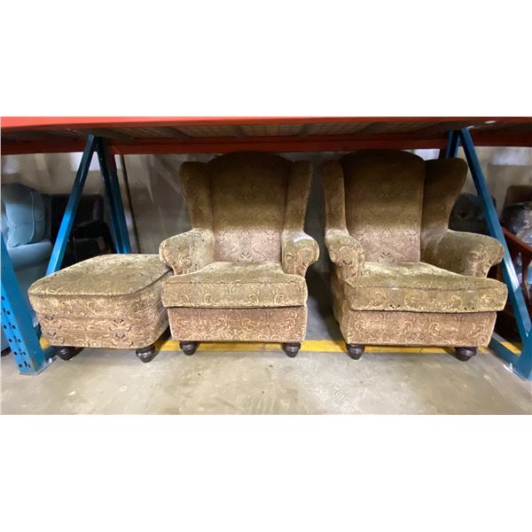 2 OLIVE GREEN FABRIC UPHOLSTERED WINGBACK ARM CHAIRS WITH 1 FOOTSTOOL