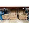 Image 1 : 2 OLIVE GREEN FABRIC UPHOLSTERED WINGBACK ARM CHAIRS WITH 1 FOOTSTOOL