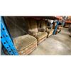 Image 3 : 2 OLIVE GREEN FABRIC UPHOLSTERED WINGBACK ARM CHAIRS WITH 1 FOOTSTOOL