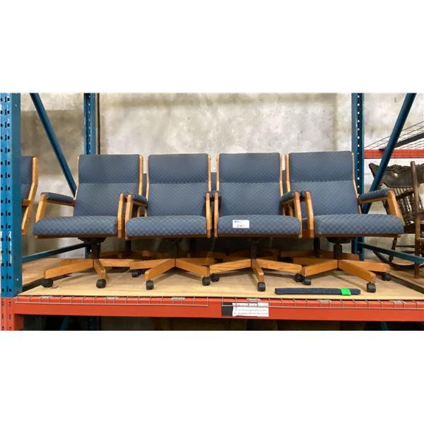 GROUP OF 8 OAK FRAMED BLUE FABRIC UPHOLSTERED EXECUTIVE OFFICE CHAIRS