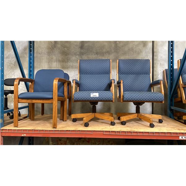4 OAK FRAMED BLUE FABRIC UPHOLSTERED EXECUTIVE  OFFICE CHAIRS