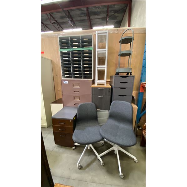 LARGE GROUP OF ASSORTED OFFICE FURNITURE ITEMS - CHAIRS, CABINETS SHELVES AND MORE