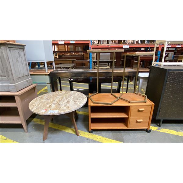 CONTEMPORARY MARBLE TOP ROUND COFFEE TABLE, 2 WOOD & BRASS DRINK TABLES AND MOBILE