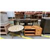 Image 1 : CONTEMPORARY MARBLE TOP ROUND COFFEE TABLE, 2 WOOD & BRASS DRINK TABLES AND MOBILE